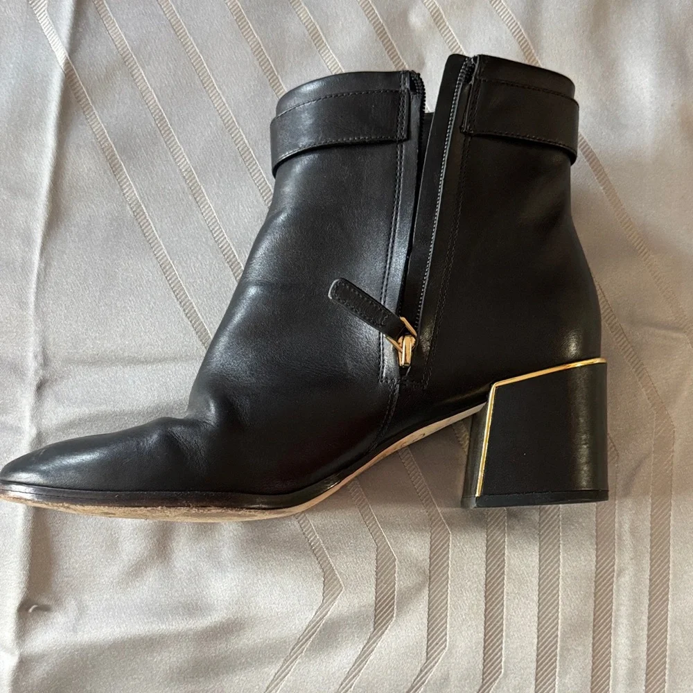 Tory Burch Sofia Dress Leather Black Leather Ankle Boots with Gold Accents - Picture 4 of 10